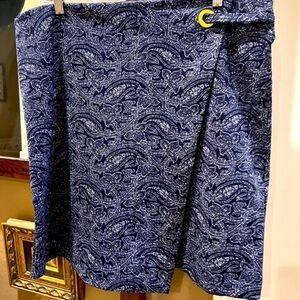 Michael Kors Sz XL Navy Blue Paisley Print Faux Wrap Skirt Stretch A-Line